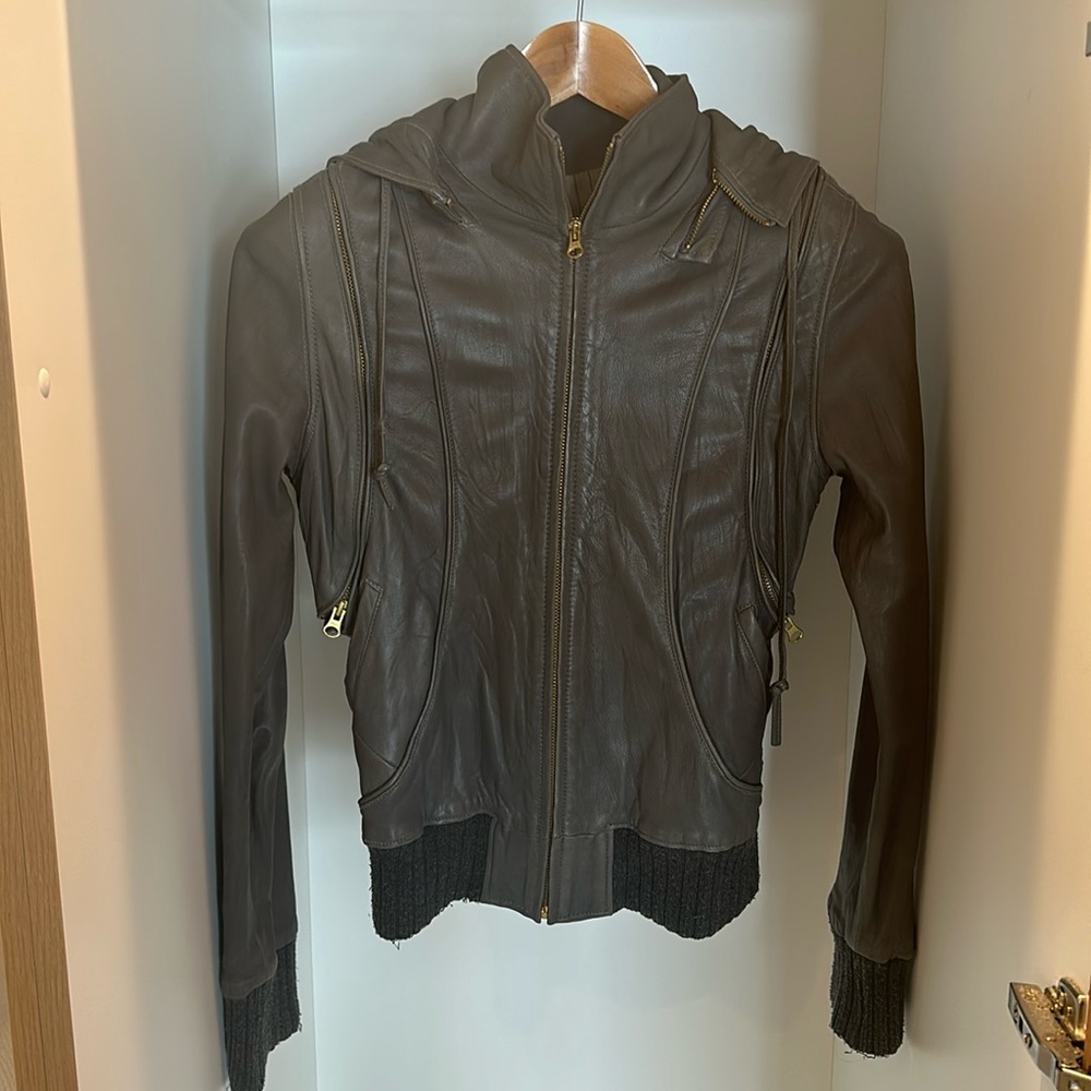 Mike & Chris leather zip off hood and zip off sleeve, bomber jacket